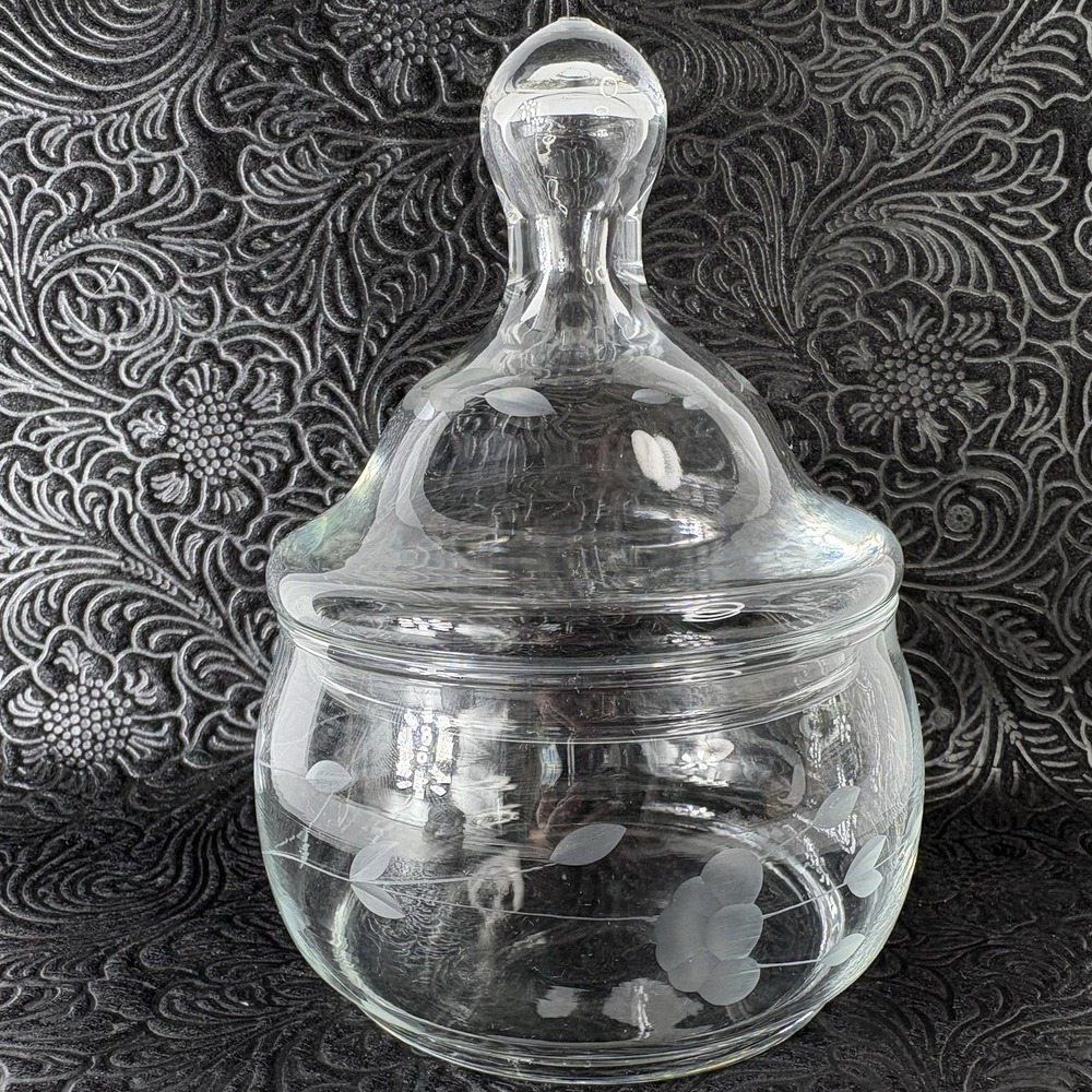 Vintage Princess House Heritage Etched Floral Clear Trinket‎ Candy Glass Jar